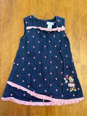 Y2K Minnie Mouse Dress Baby embroidered denim jumper flowers roses 24m ruffles